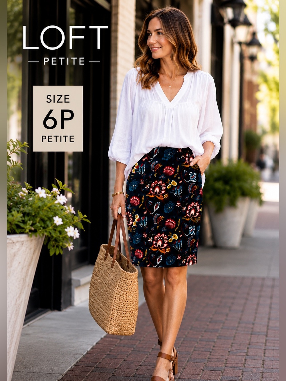 LOFT Floral Pencil Skirt 6P Petite Cotton Stretch Side Zip